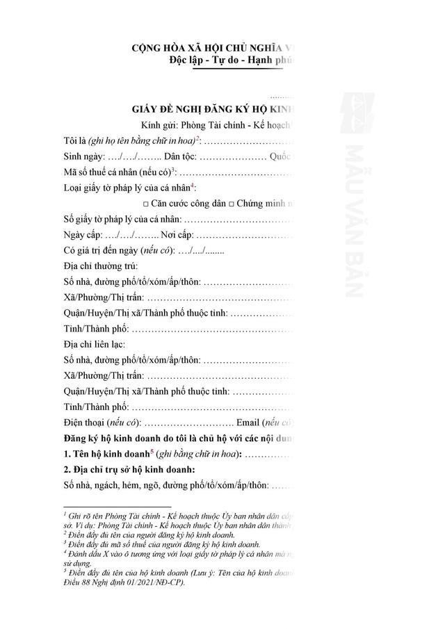 Đơn đề nghị đăng ký hộ kinh doanh