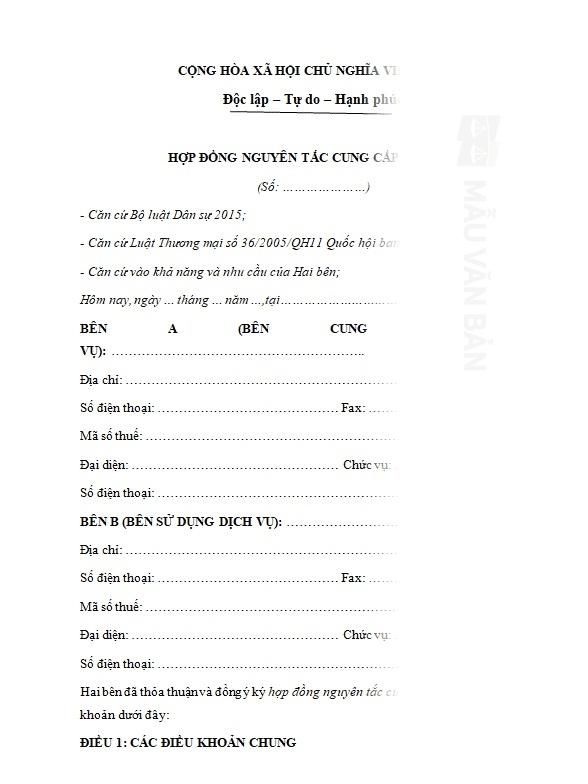 Mẫu hợp đồng nguyên tắc cung cấp dịch vụ