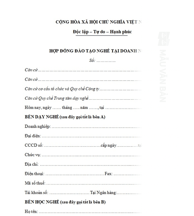 Mẫu hợp đồng đào tạo nghề tại doanh nghiệp