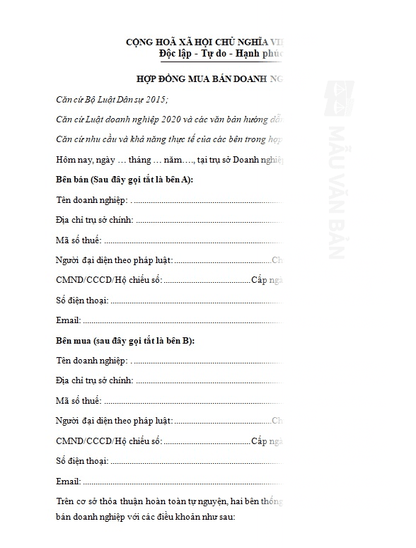 Mẫu hợp đồng mua bán doanh nghiệp