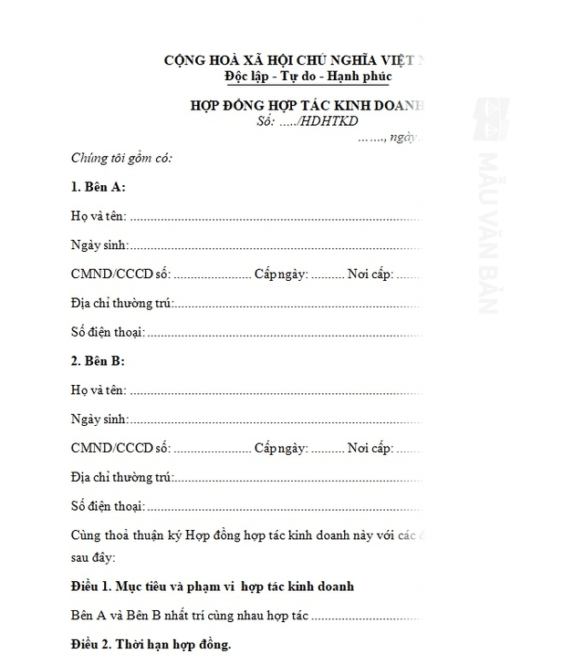 Hợp đồng hợp tác kinh doanh giữa 2 cá nhân
