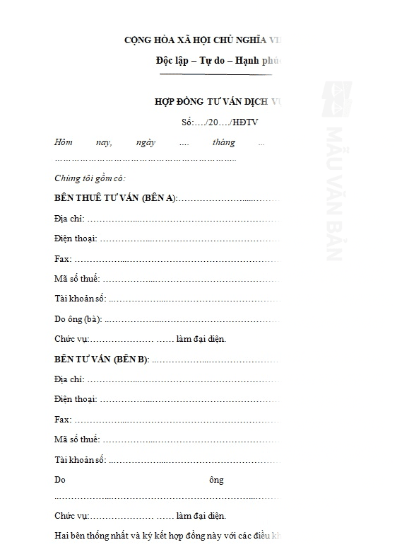 Hợp đồng tư vấn dịch vụ