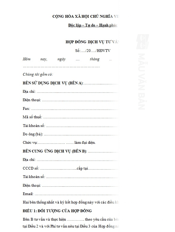 Mẫu hợp đồng dịch vụ tư vấn với cá nhân