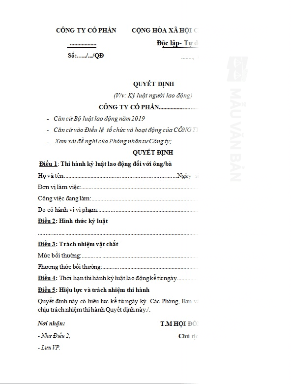Mẫu quyết định xử lý kỷ luật