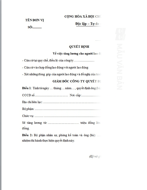 Mẫu quyết định tăng lương