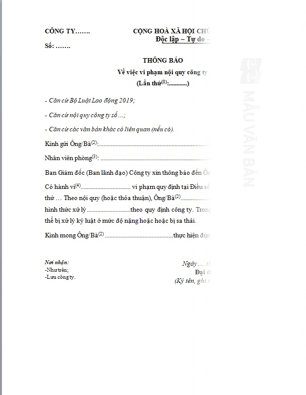 Mẫu thông báo vi phạm nội quy công ty