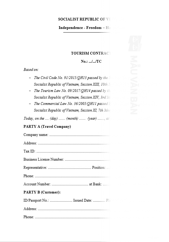Mẫu hợp đồng du lịch bằng tiếng anh