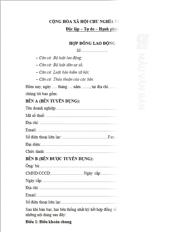 Mẫu hợp đồng lao động kế toán