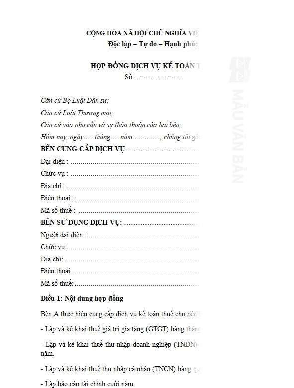Mẫu hợp đồng dịch vụ kế toán thuế