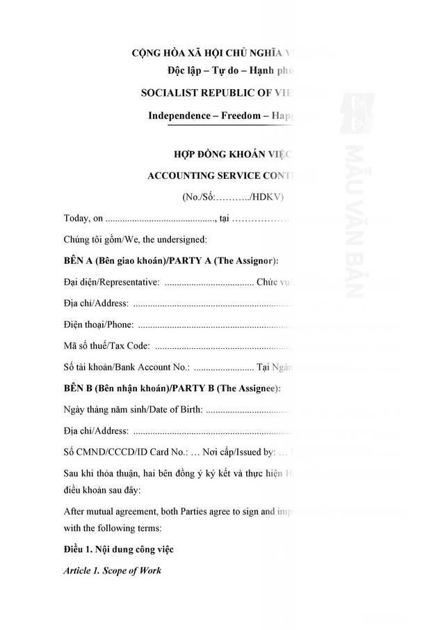 Mẫu hợp đồng thuê kế toán ngoài giờ song ngữ