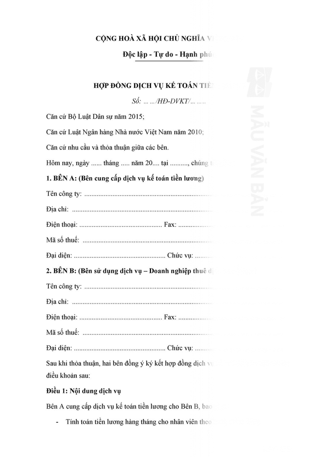 Hợp đồng dịch vụ kế toán tiền lương