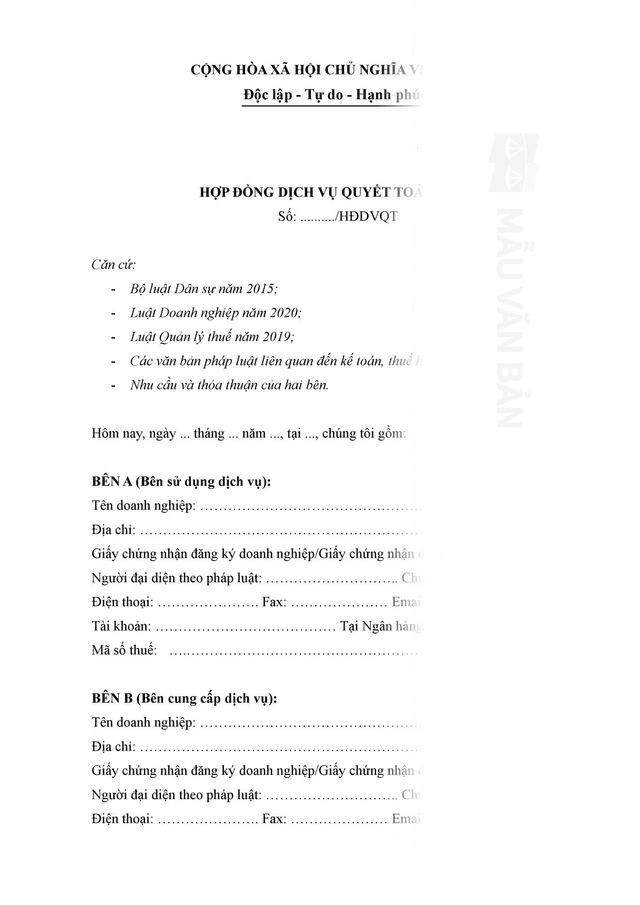 hợp đồng dịch vụ quyết toàn thuê