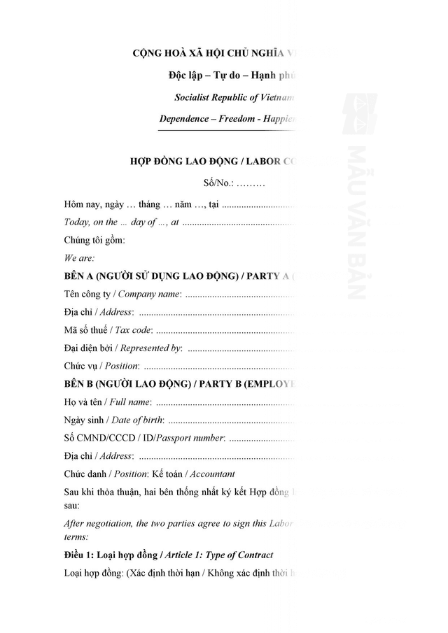 Mẫu hợp đồng lao động kế toán song ngữ