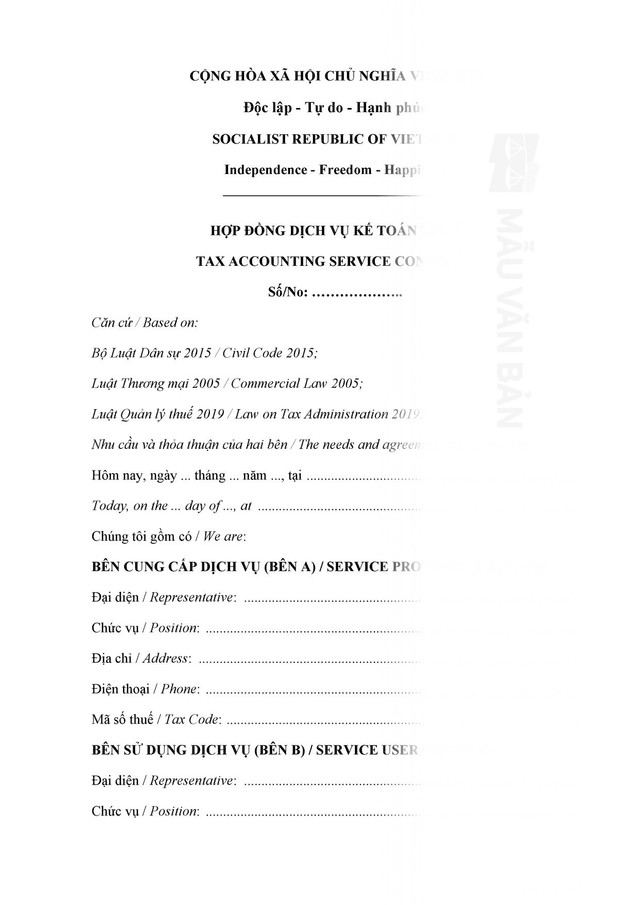 Mẫu hợp đồng dịch vụ kế toán thuế song ngữ