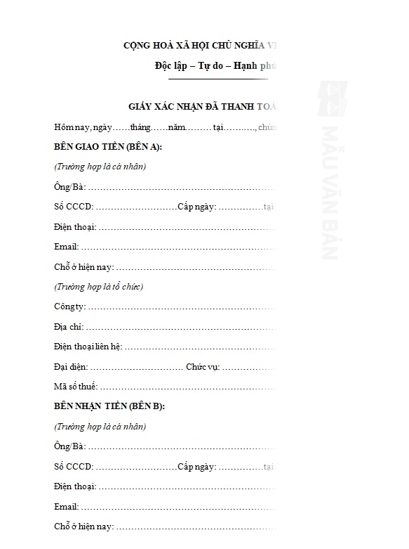 Biên bản xác nhận thanh toán công nợ