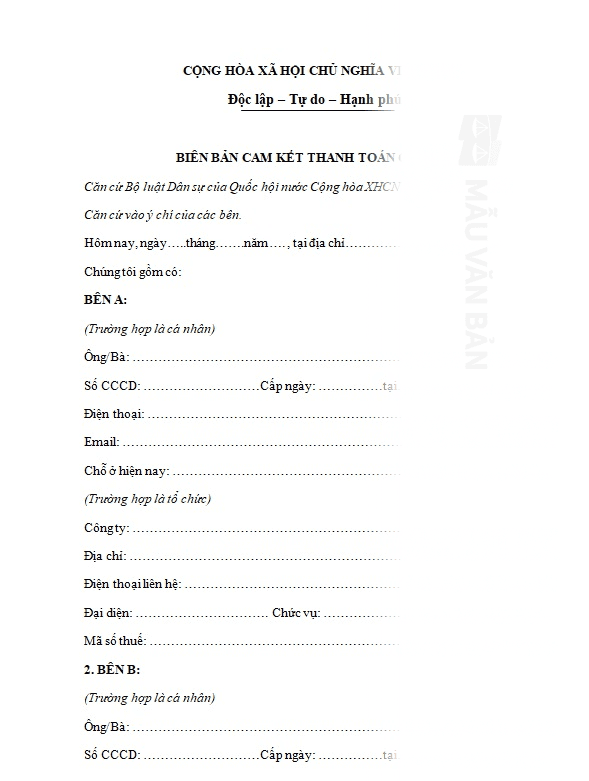 Biên bản cam kết thanh toán công nợ