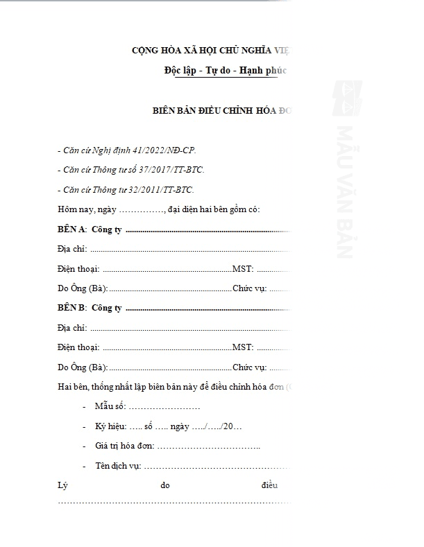 Biên bản điều chỉnh hóa đơn