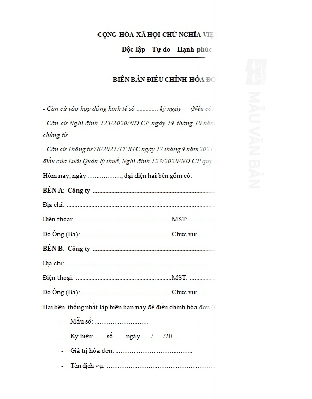 Biên bản điều chỉnh giảm hóa đơn