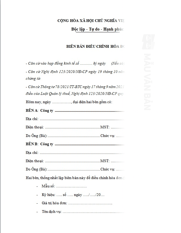 Biên bản điều chỉnh hóa đơn sai tên công ty
