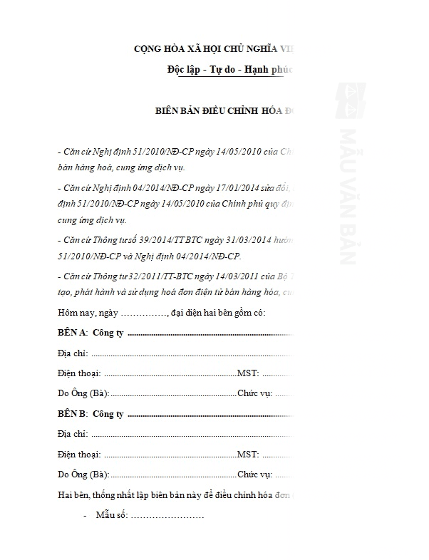 Biên bản điều chỉnh hóa đơn sai nội dung