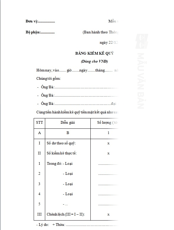 Biên bản kiểm kê tiền mặt