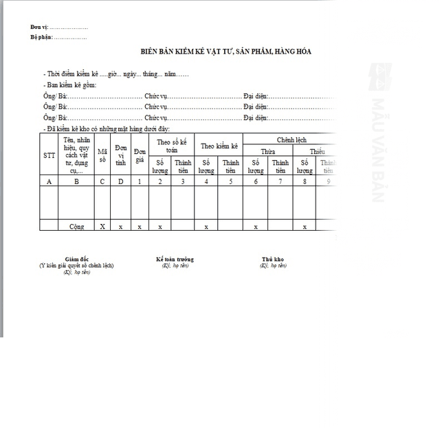 Biên bản kiểm kê nguyên vật liệu
