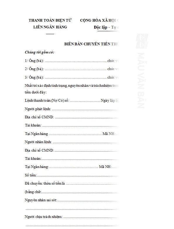 Mẫu biên bản trả lại tiền thừa