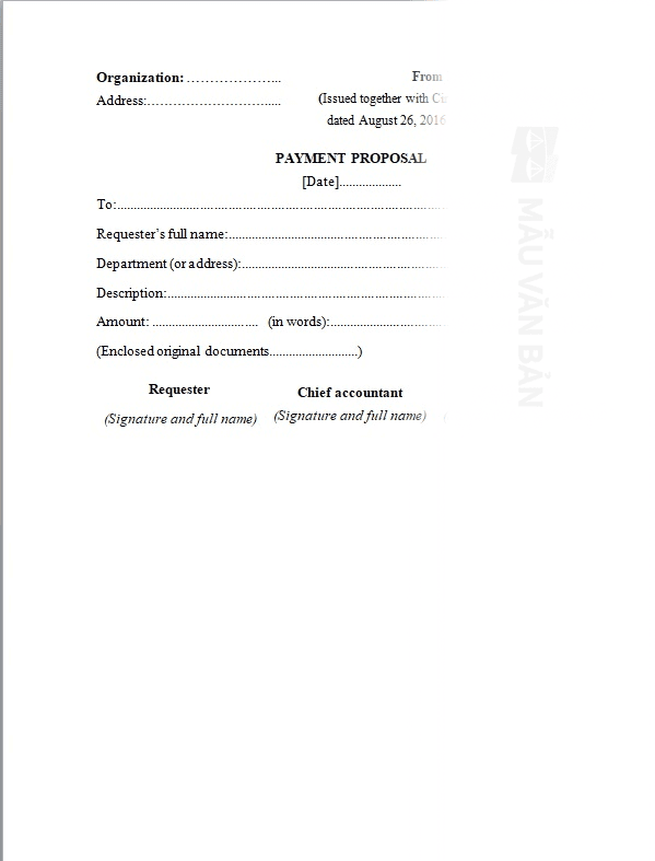 Mẫu đề nghị thanh toán tiếng anh