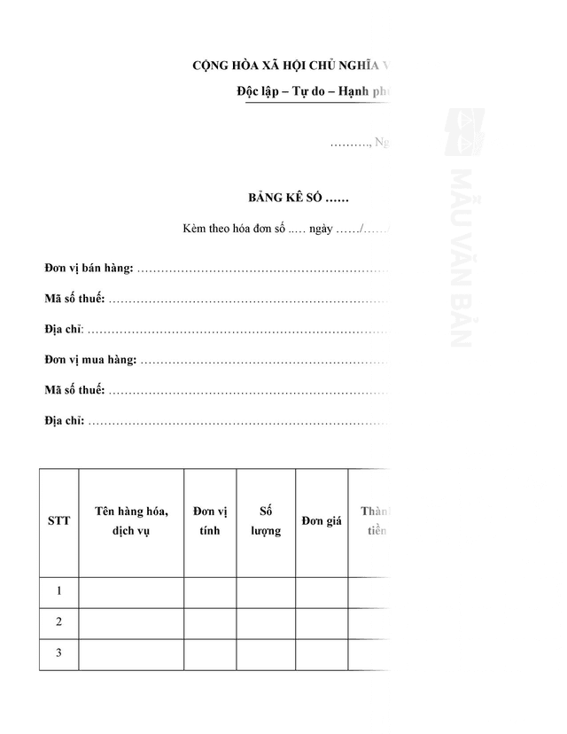 Mẫu bảng kê xuất hóa đơn