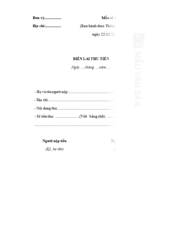 Mẫu biên lai thu tiền