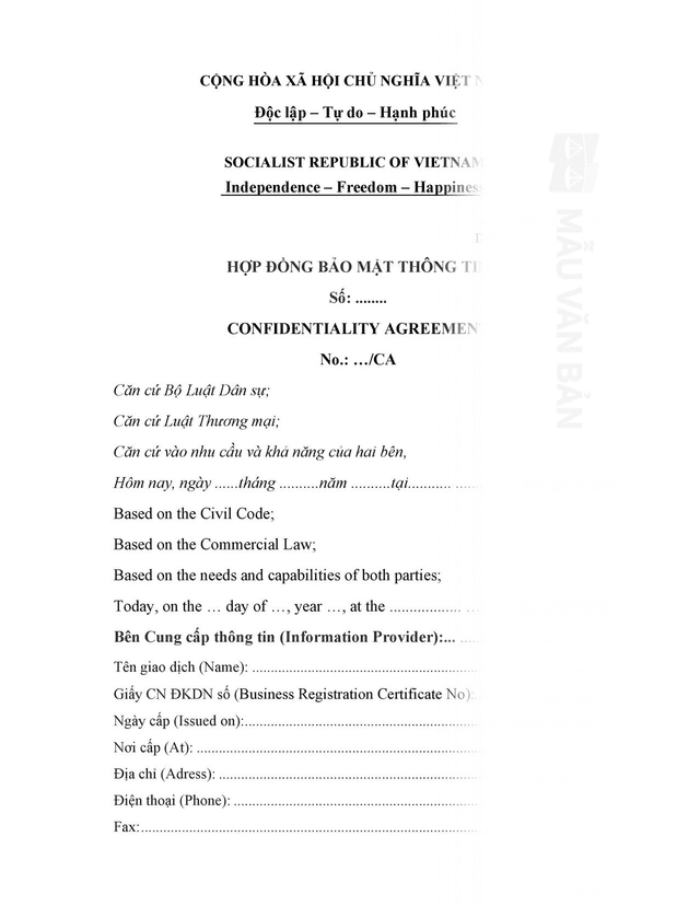 Hợp đồng bảo mật thông tin song ngữ