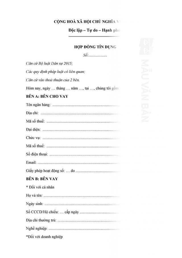 Hợp đồng vay tín dụng ngân hàng