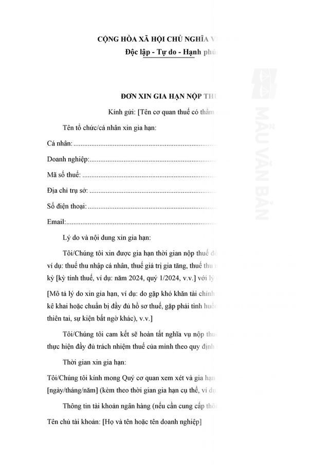 Đơn xin gia hạn nộp thuế