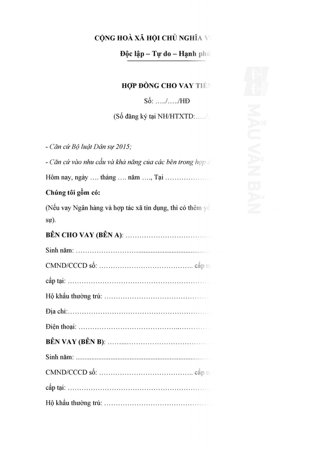 Hợp đồng vay tiền cá nhân có thế chấp