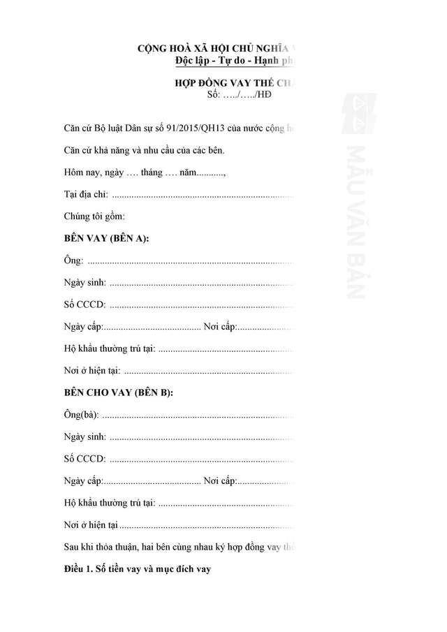 Mẫu Hợp đồng vay thế chấp