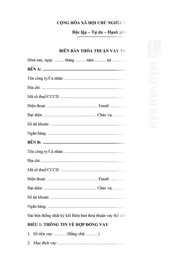  Biên bản thỏa thuận vay thế chấp 