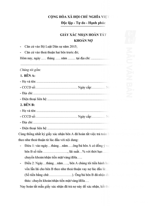 Mẫu giấy xác nhận đã trả hết nợ