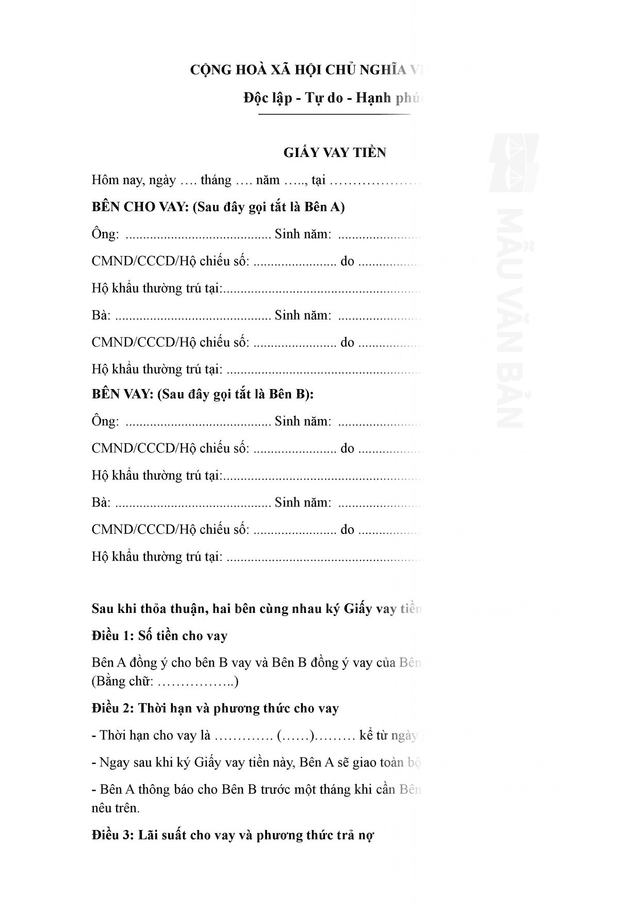 Mẫu Giấy vay tiền và cam kết trả nợ