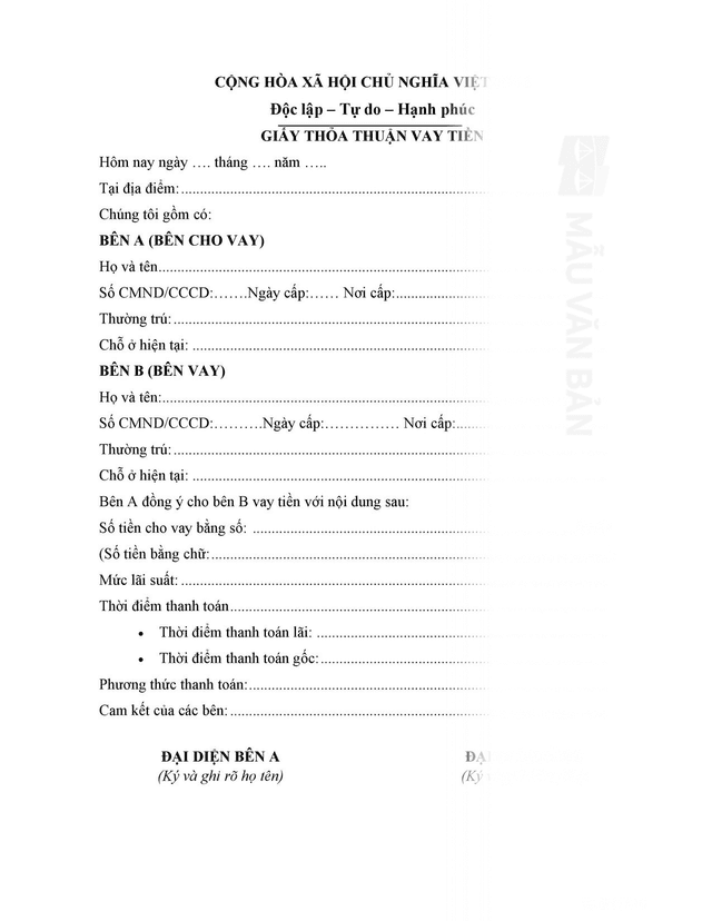 Giấy thỏa thuận vay tiền