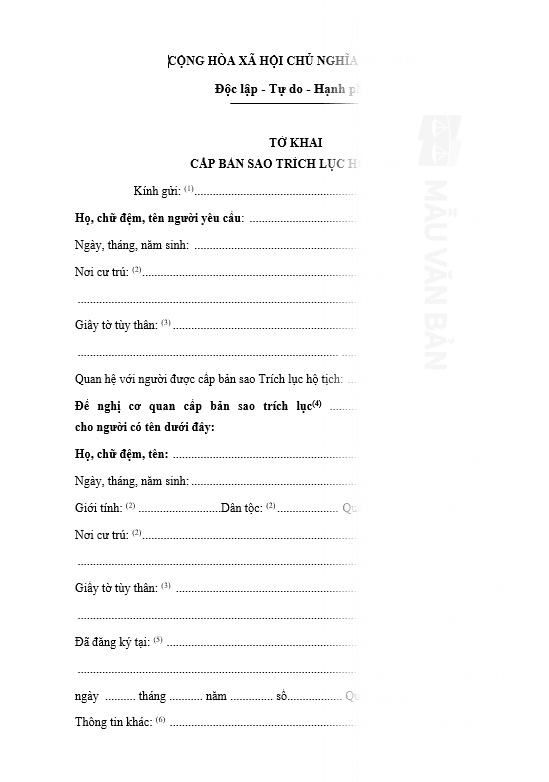 Mẫu tờ khai cấp bản sao trích lục hộ tịch