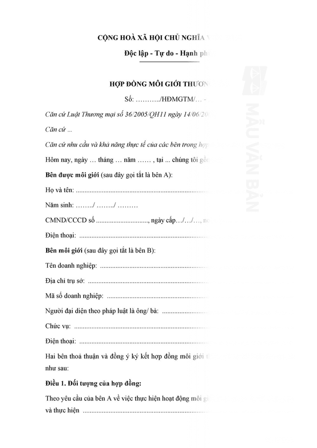 Mẫu hợp đồng hoa hồng môi giới cá nhân