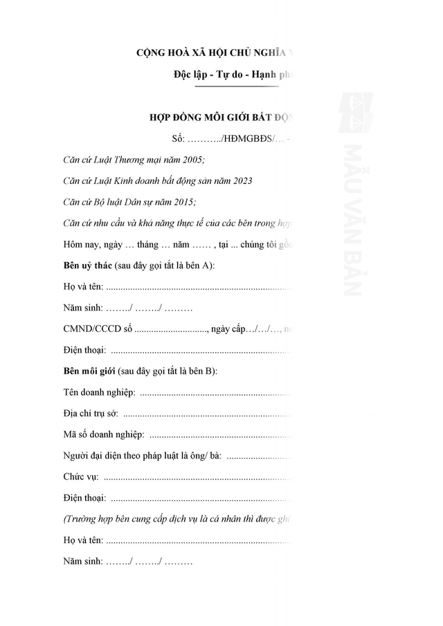 Mẫu hợp đồng môi giới bất động sản