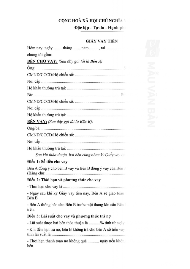 Mẫu giấy vay tiền cá nhân 