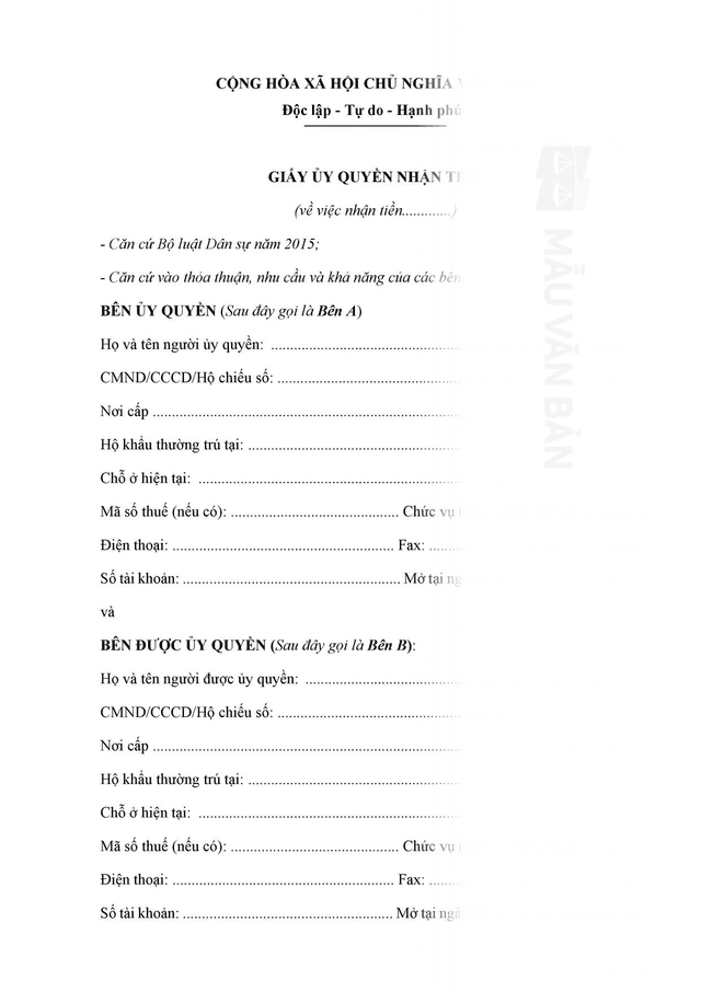 Mẫu giấy ủy quyền nhận tiền thay