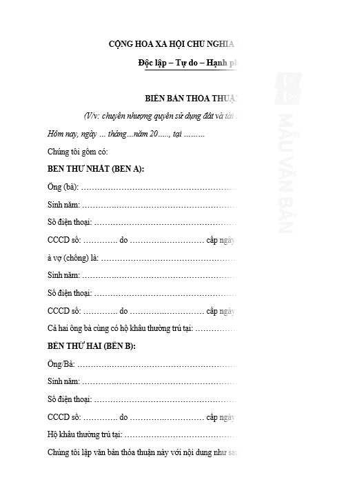 Văn bản thỏa thuận mua bán đất