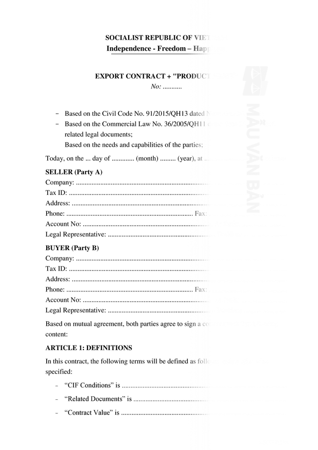 Mẫu hợp đồng xuất khẩu tiếng anh