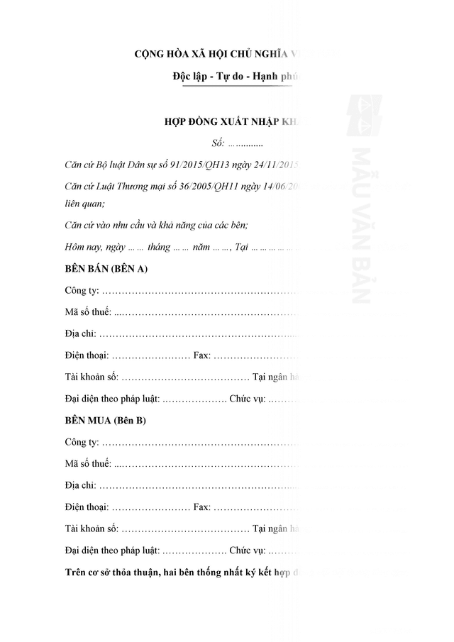 Mẫu hợp đồng xuất nhập khẩu