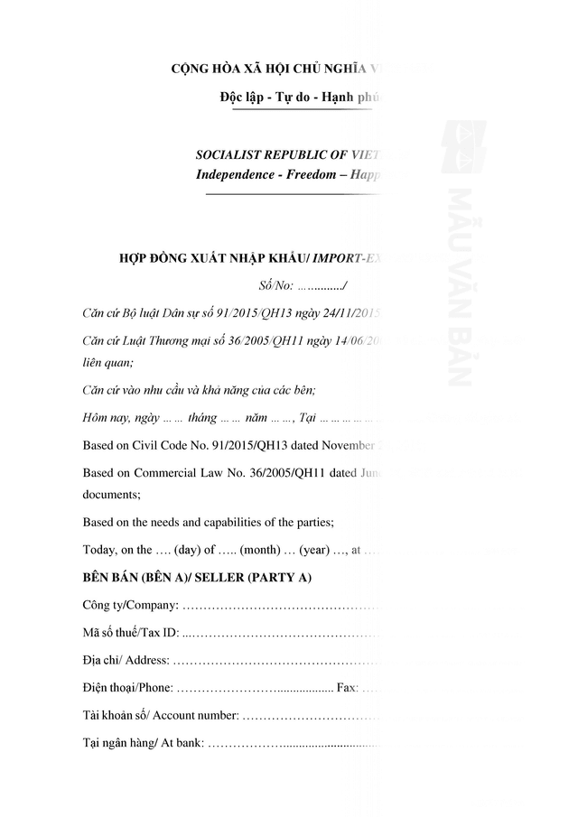 Hợp đồng xuất nhập khẩu song ngữ