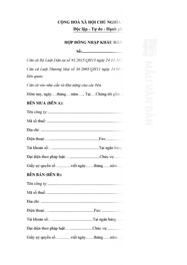 Hợp đồng nhập khẩu hàng hoá