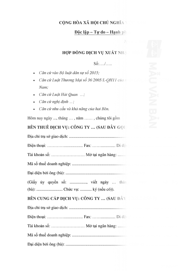 Hợp đồng dịch vụ xuất nhập khẩu